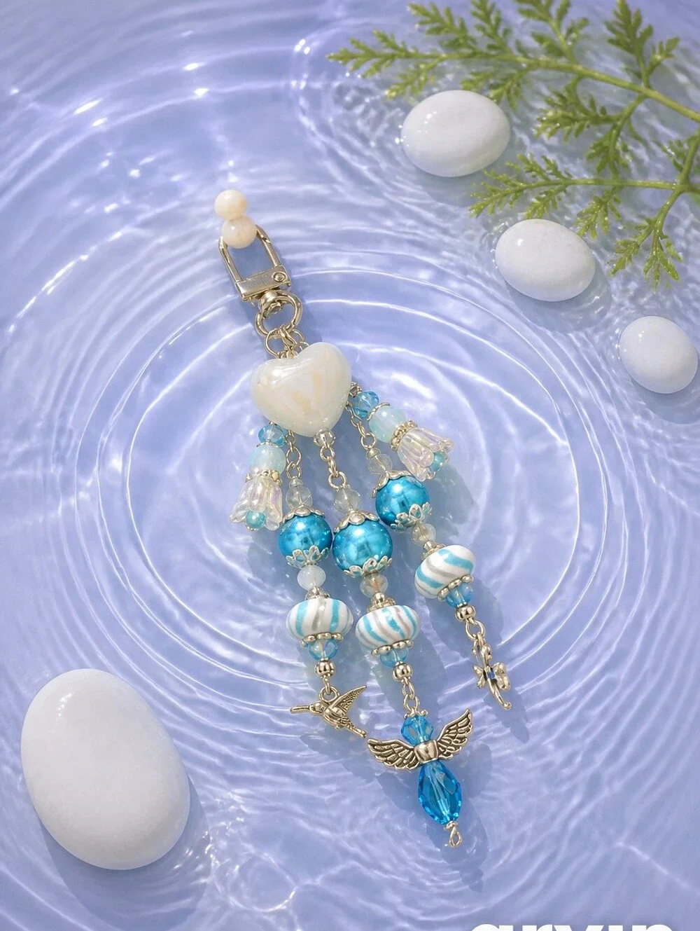 Handmade Blue Heart Charm Keychain with Angel and Beads